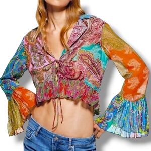 Zara Patchwork Cropped Multicolor Paisley Print Boho Blouse Top Large